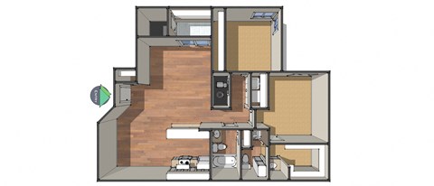 Floor plan for 2 beds, 2 baths, 955 sqft